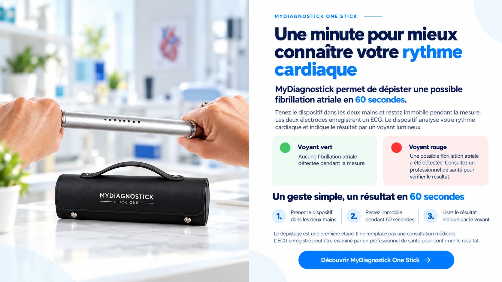Prise du dispositif MyDiagnostick dans les deux mains